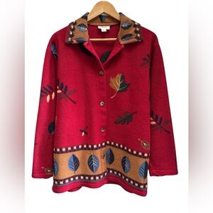 Vintage Talbots Leaf Patterned Red Button Front Fleece Jacket size S